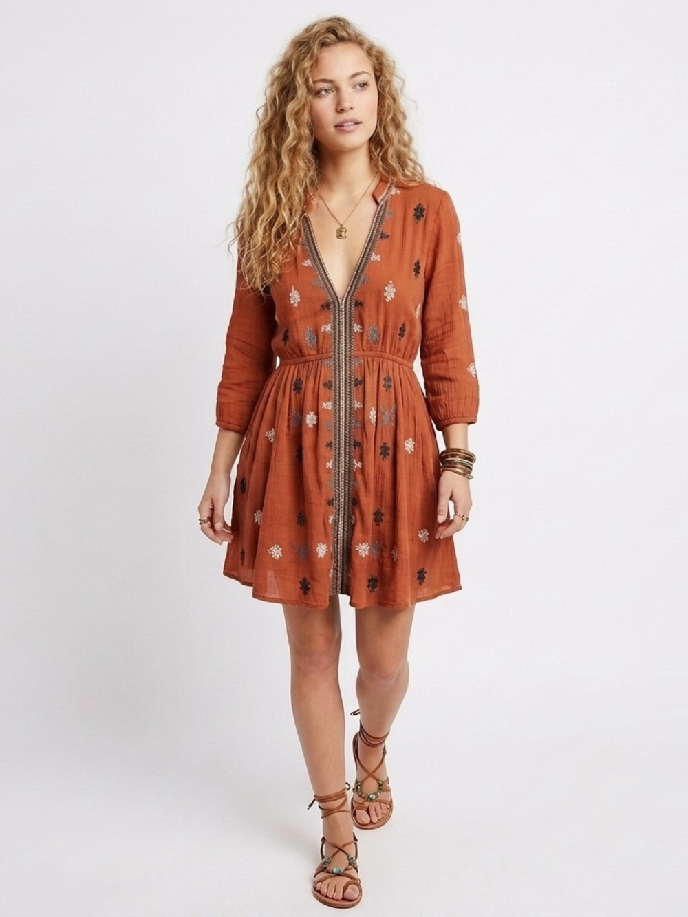 Free people Embroidered Rust V-Neck Mini Dress Boho